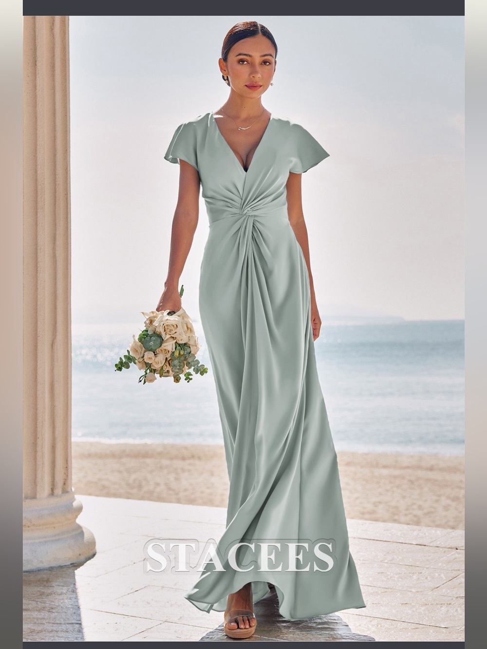 NWT Stacees Sheath/Column V Neck Short Sleeve Maxi StretchSatin Bridesmaid Dress